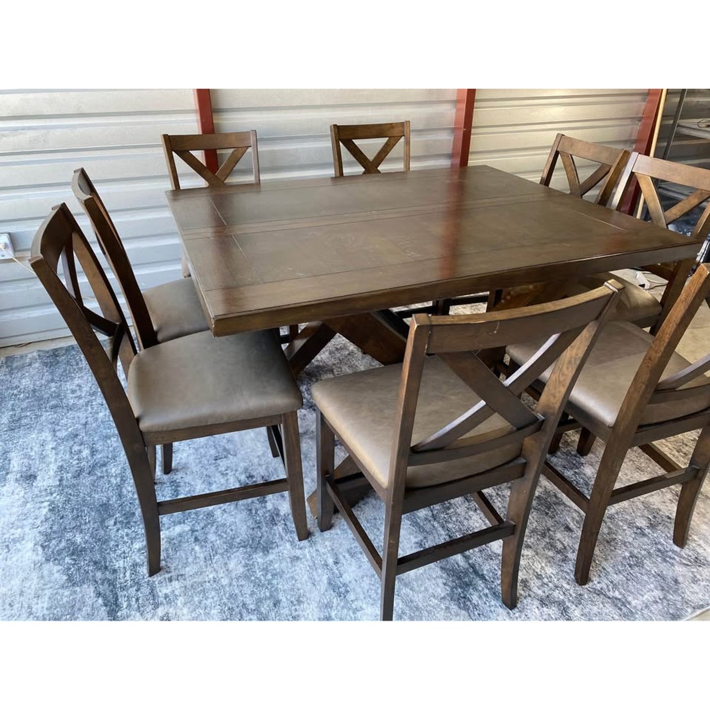 Collins 9 Piece expandable Counter Height Dining Set large square table eight upholstered chairs.