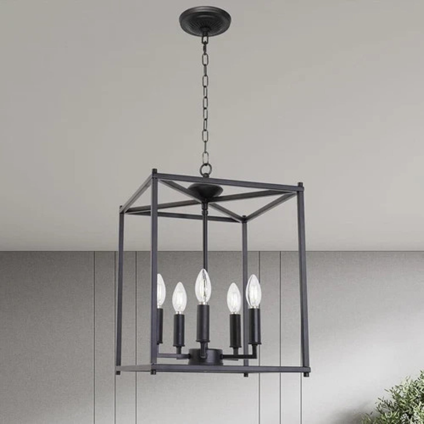 New 4-Light Farmhouse Pendant Chandelier Matte Black Lantern Cage Fixture