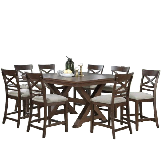 Collins 9 Piece expandable Counter Height Dining Set large square table eight upholstered chairs.