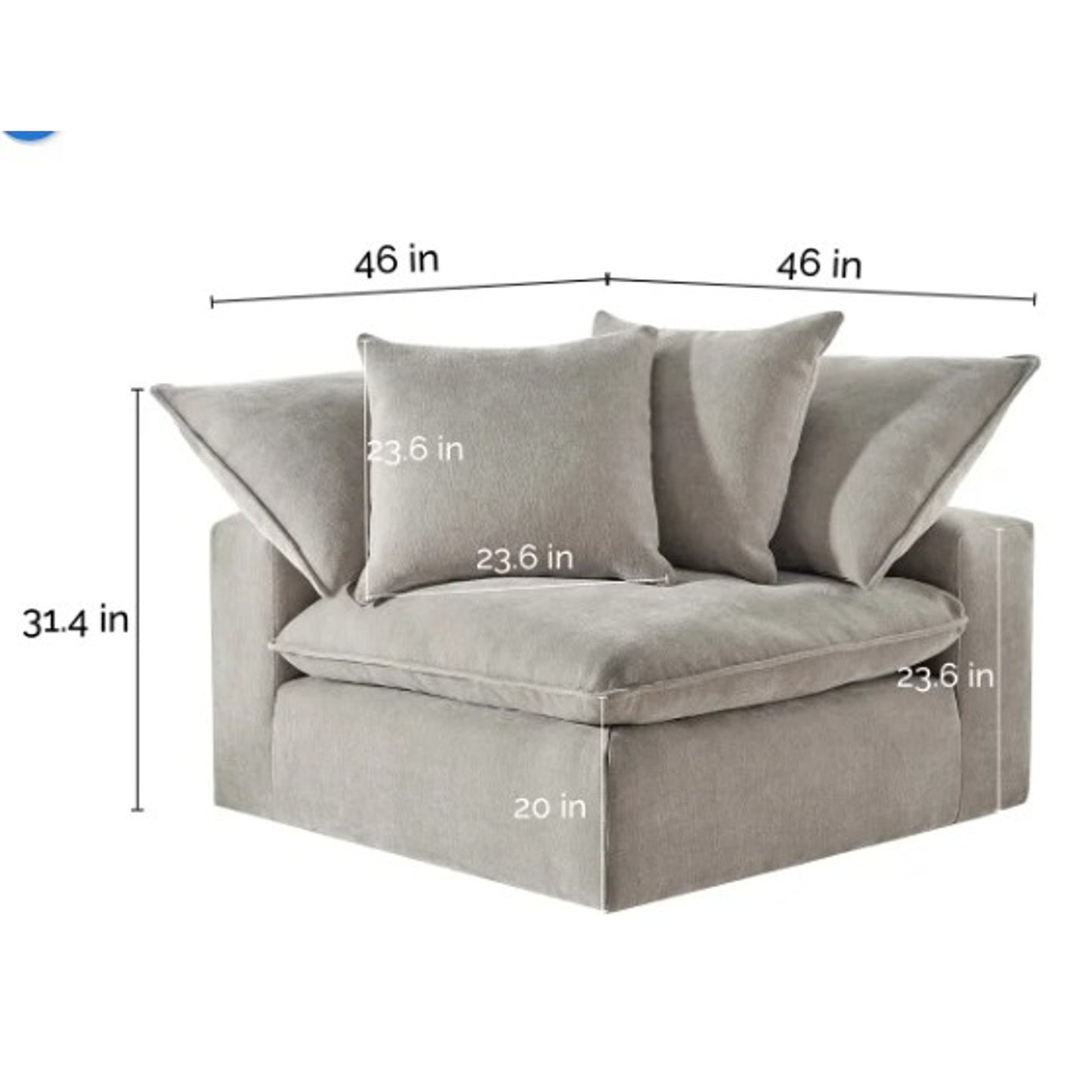Sereen Fabric Corner Chair with 2 Pillows – Taupe – Modular Sectional Compatible – Like New