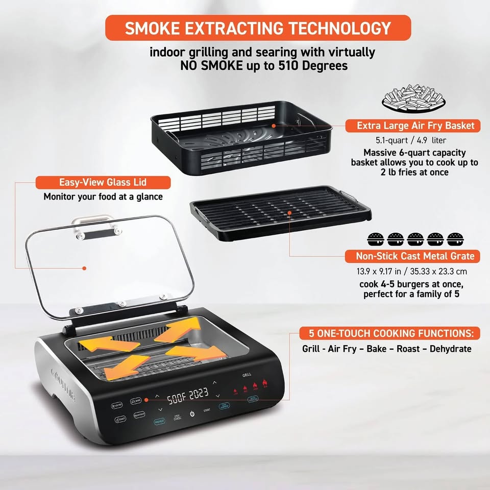 Gourmia 5-in-1 FoodStation™ Smokeless Grill & Air Fryer