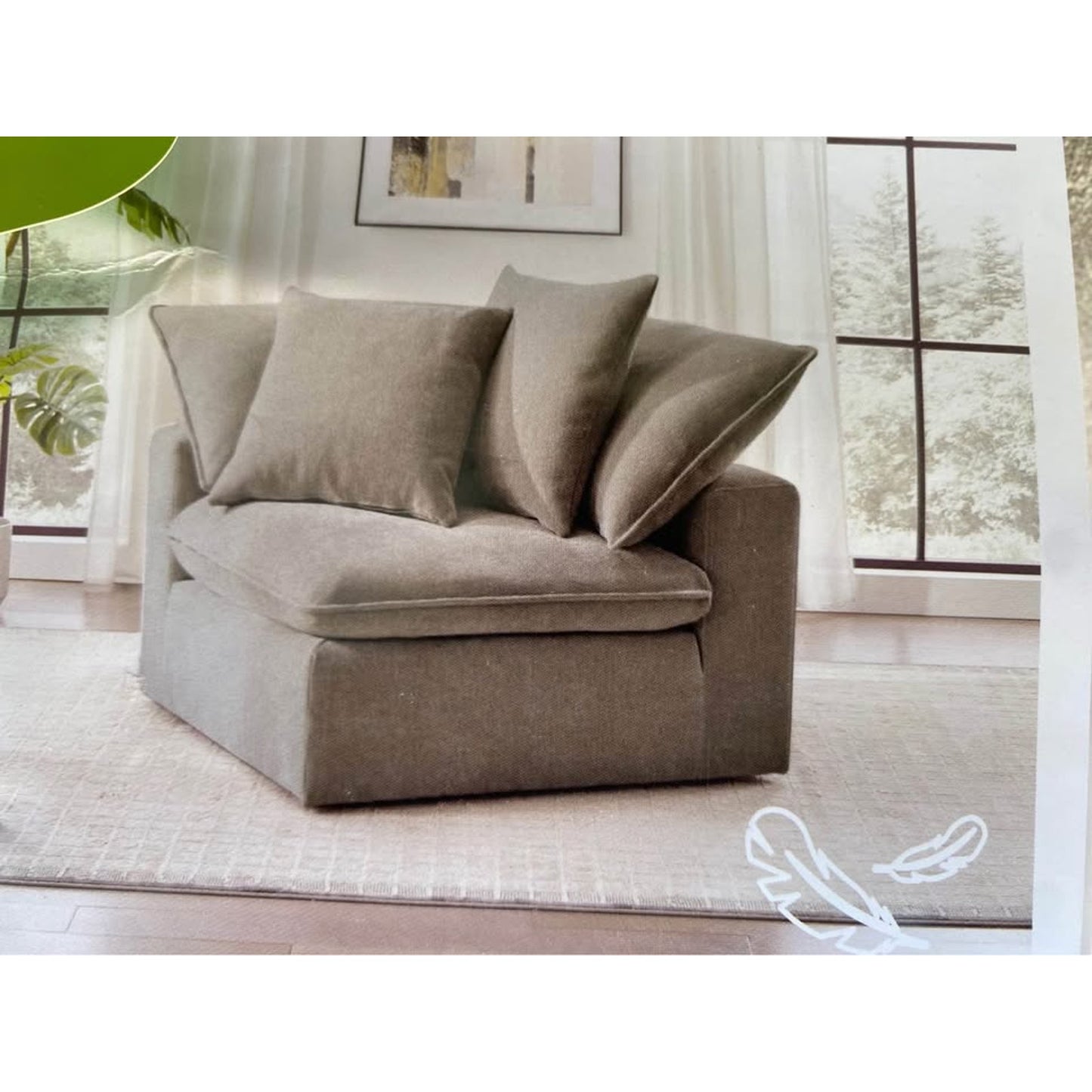 Sereen Fabric Corner Chair with 2 Pillows – Taupe – Modular Sectional Compatible – Like New