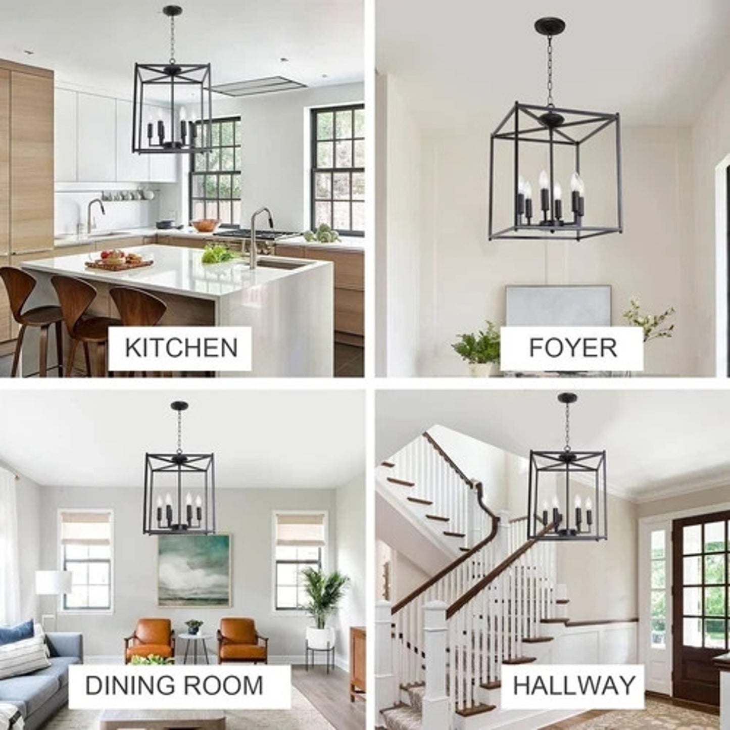 New 4-Light Farmhouse Pendant Chandelier Matte Black Lantern Cage Fixture