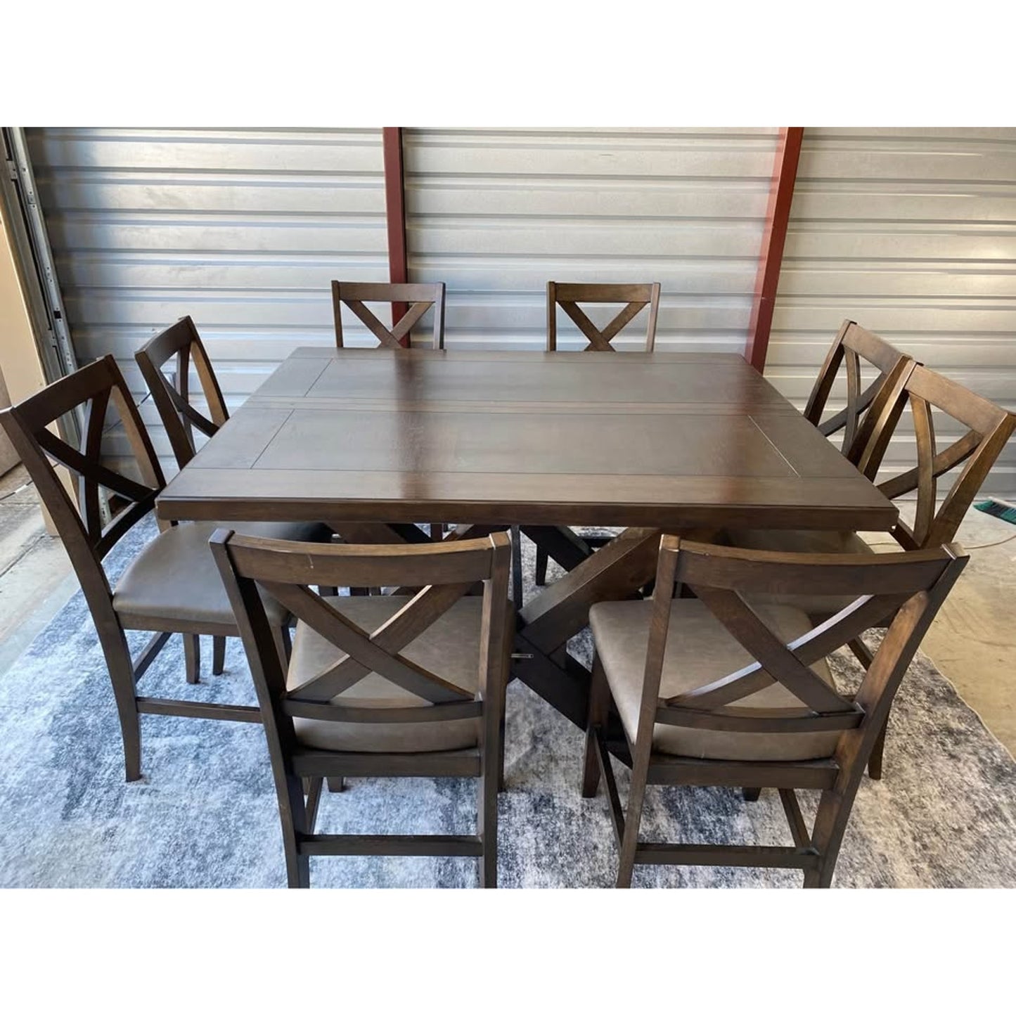 Collins 9 Piece expandable Counter Height Dining Set large square table eight upholstered chairs.
