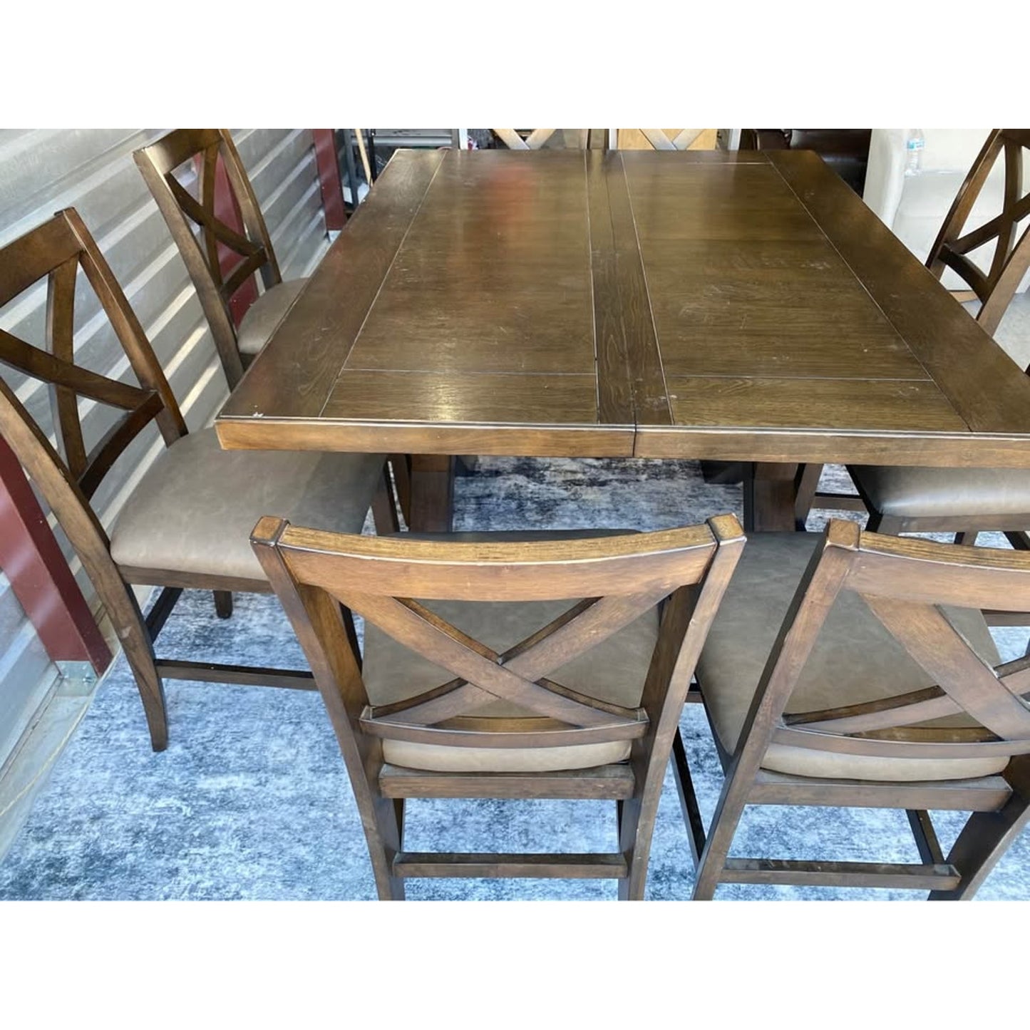Collins 9 Piece expandable Counter Height Dining Set large square table eight upholstered chairs.