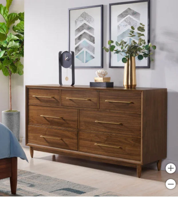Marina Del Rey 7-Drawer Dresser – Modern Walnut Finish with Brass Accents