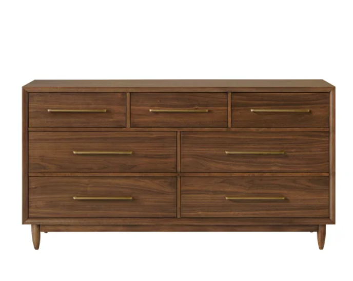 Marina Del Rey 7-Drawer Dresser – Modern Walnut Finish with Brass Accents