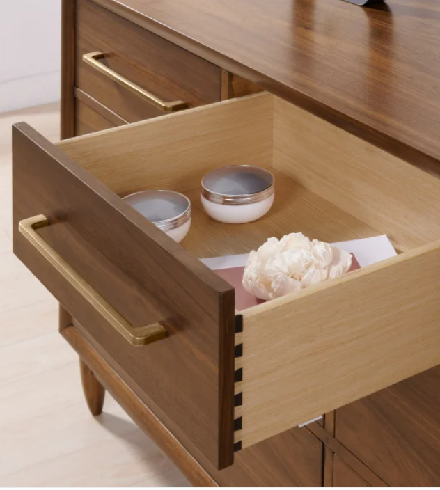 Marina Del Rey 7-Drawer Dresser – Modern Walnut Finish with Brass Accents