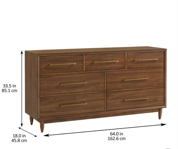 Marina Del Rey 7-Drawer Dresser – Modern Walnut Finish with Brass Accents