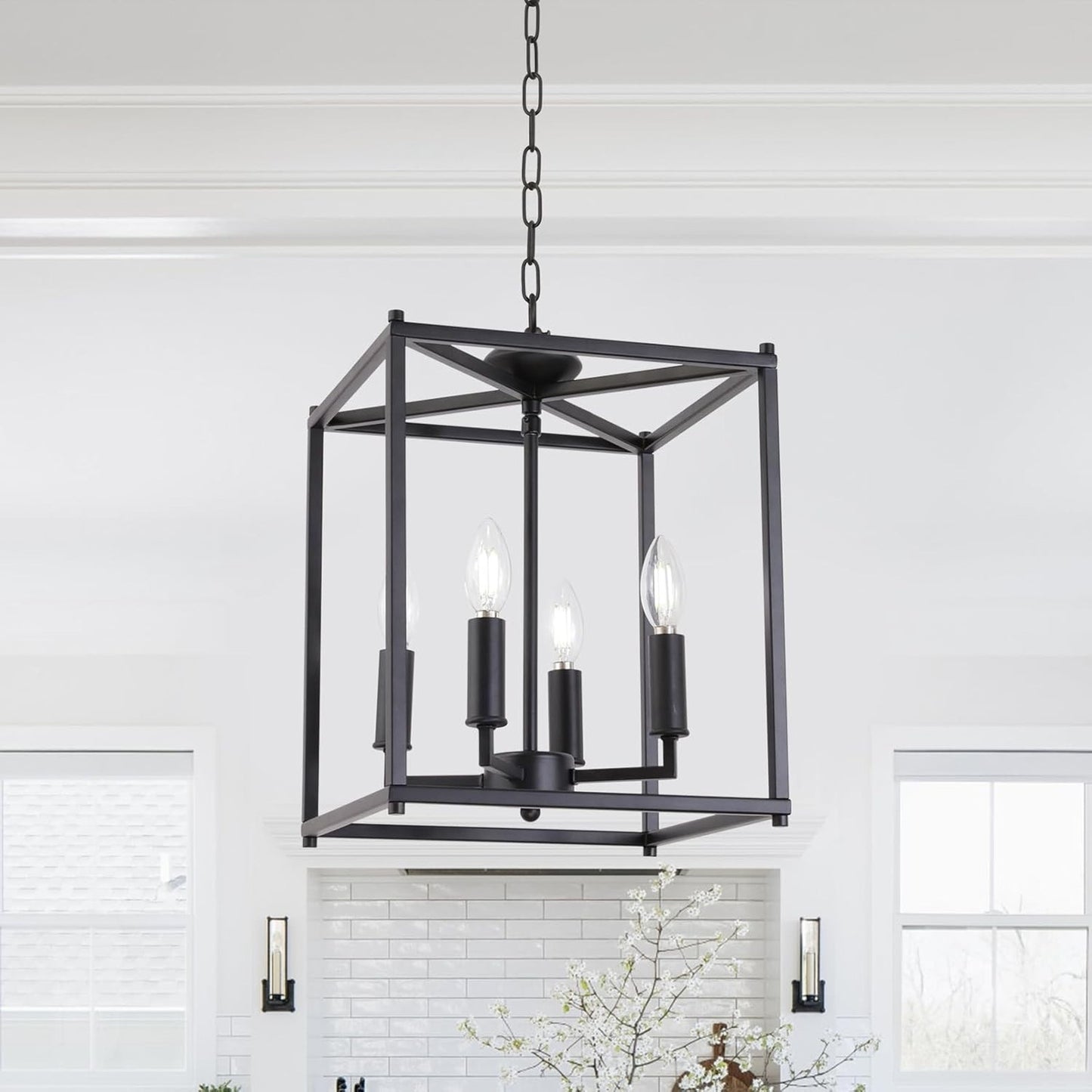 New 4-Light Farmhouse Pendant Chandelier Matte Black Lantern Cage Fixture