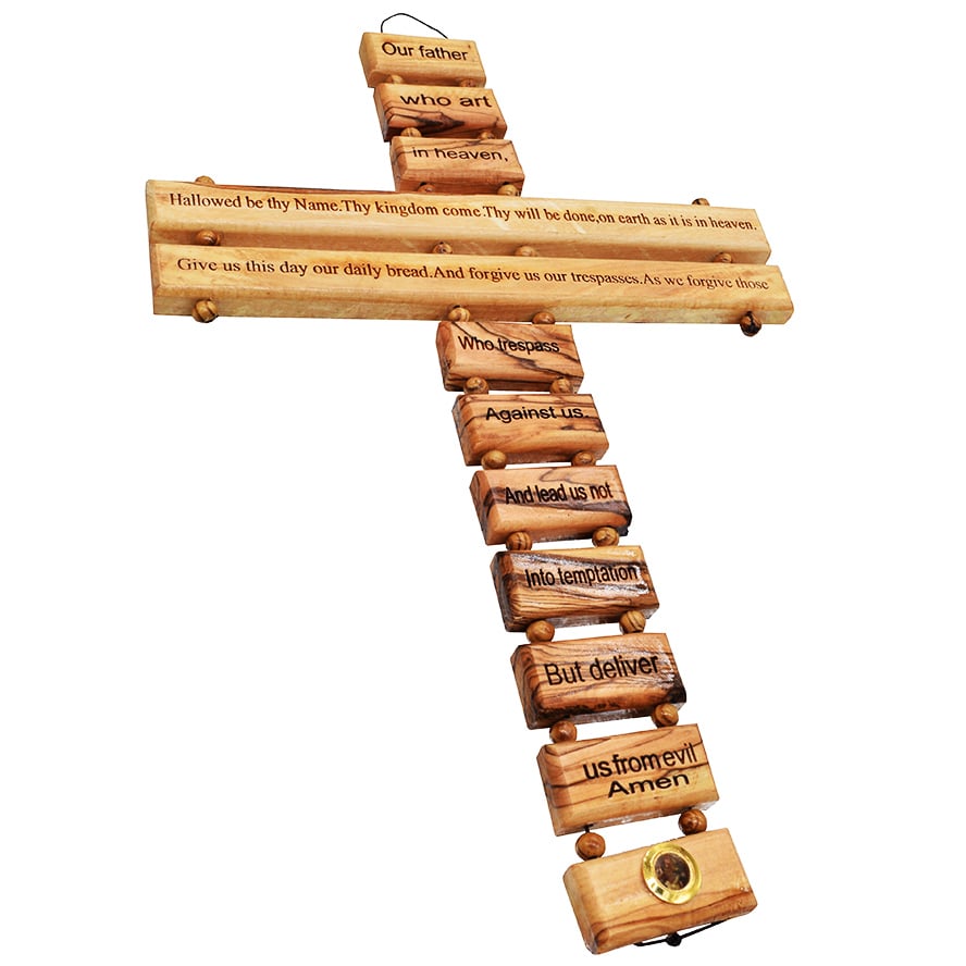 Hand-Carved Olive Wood Wall Cross with the Lord’s Prayer – 14" | Authentic Holy Land Craft | Christian Home Décor & Gift