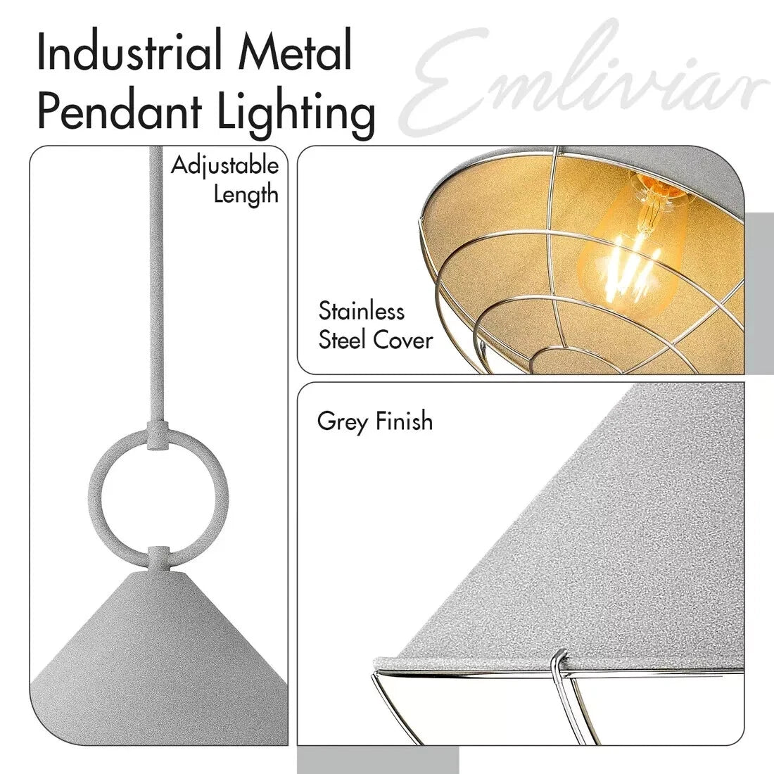 Emliviar 12.3" Adjustable Pendant Lamp, Modern Industrial Grey Light Fixture