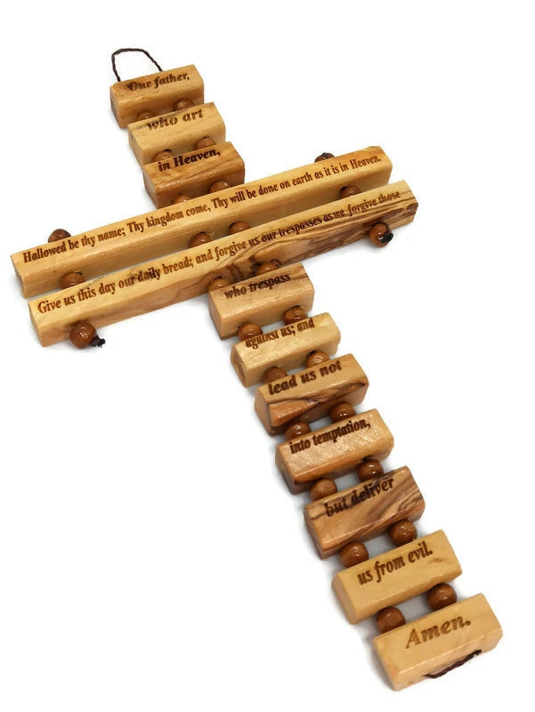 Holy Land Lord Prayer Olive Wood Hanging (9-Inch) Cross Christian religious Jerusalem décor from Bethlehem