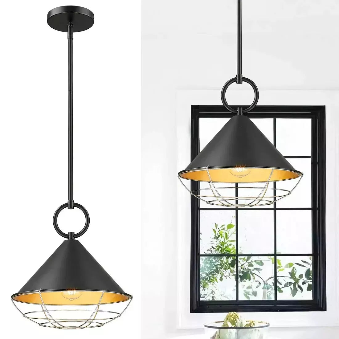 Emliviar 12.3 Inch Pendant Light Metal Cone Lampshade, Adjustable Rods - Black