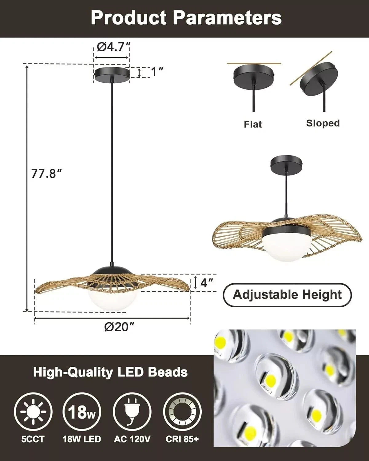 Boho Rattan Pendant Light, 18W LED Dimmable, Handwoven, Adjustable Cord, Indoor