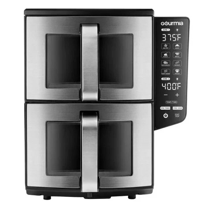 New (Open Box) Gourmia 11 Qt Dual Basket Air Fryer Smart Finish 4-Layer XL Cooker
