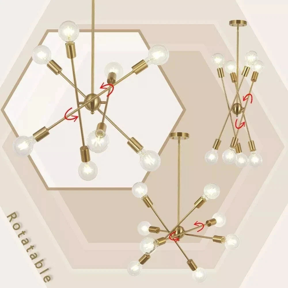 8 Light Sputnik Chandelier Brushed Brass Modern Vintage Pendant Ceiling Fixture