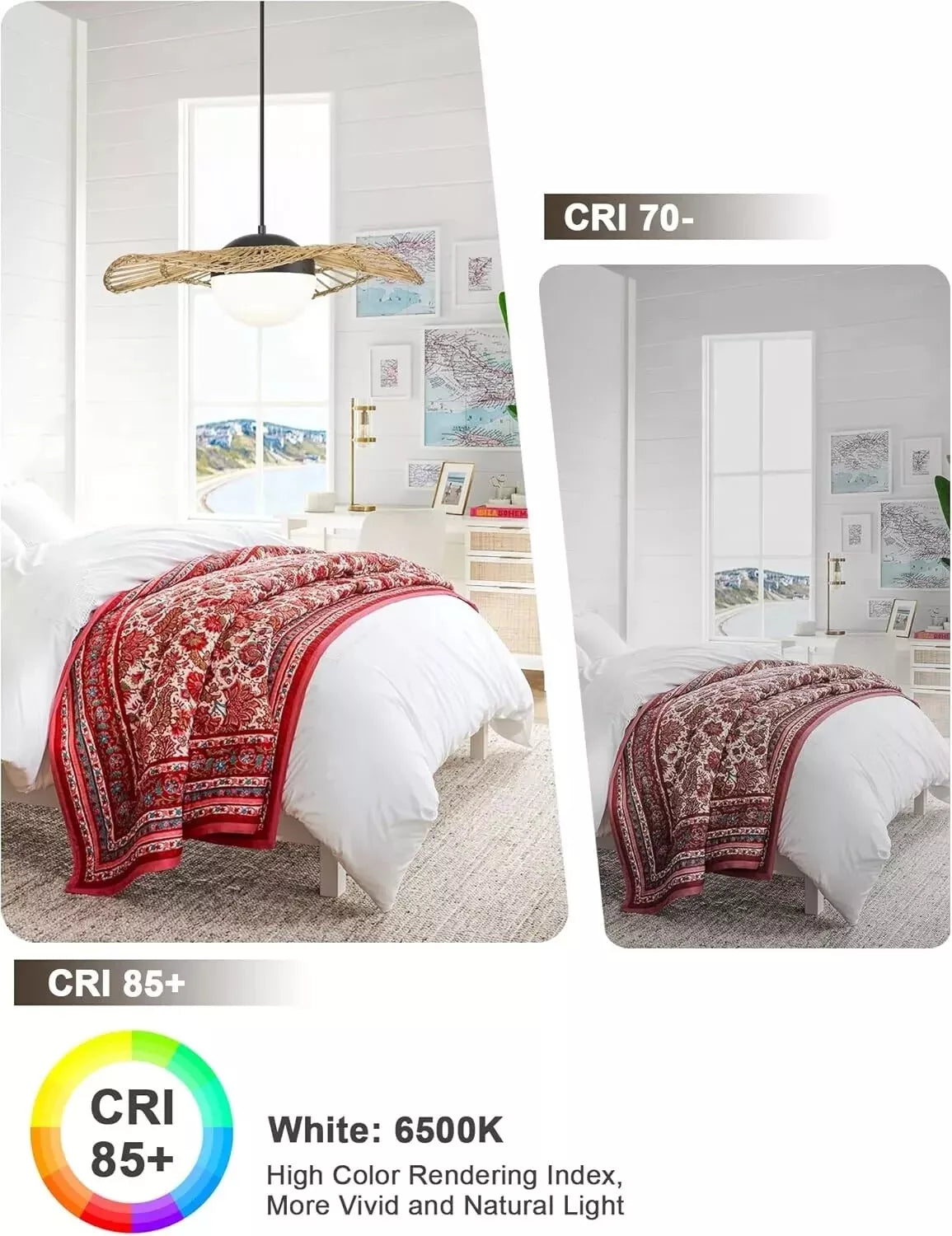 Boho Rattan Pendant Light, 18W LED Dimmable, Handwoven, Adjustable Cord, Indoor