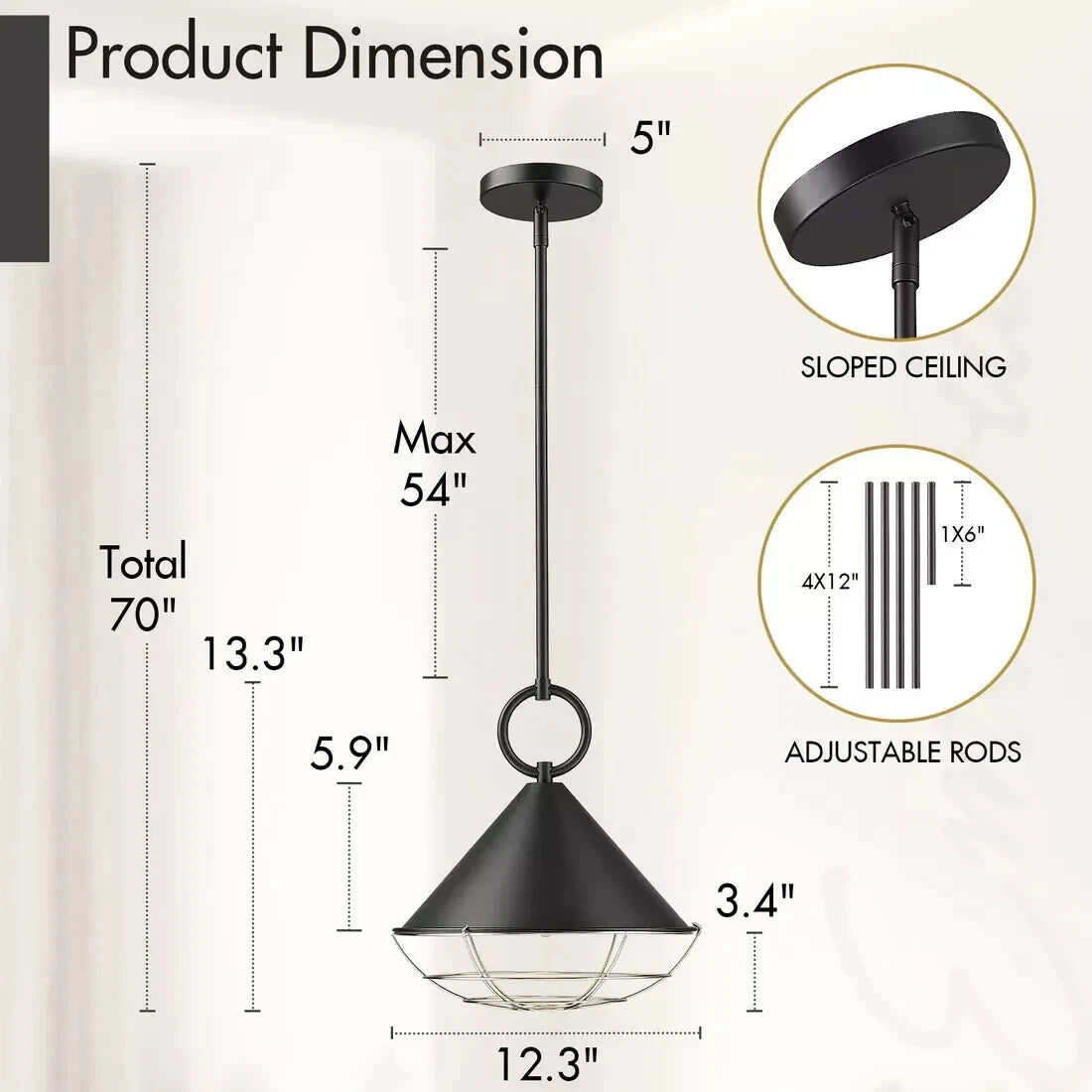 Emliviar 12.3 Inch Pendant Light Metal Cone Lampshade, Adjustable Rods - Black