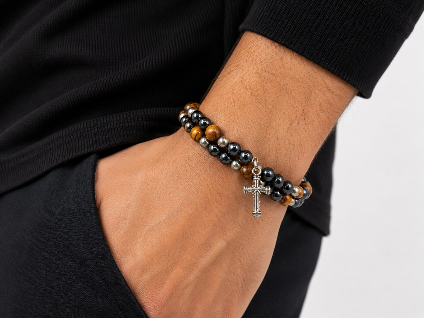 Handmade Olive Wood & Hematite Cross Wrap Bracelet Adjustable Christian Beaded Jewelry