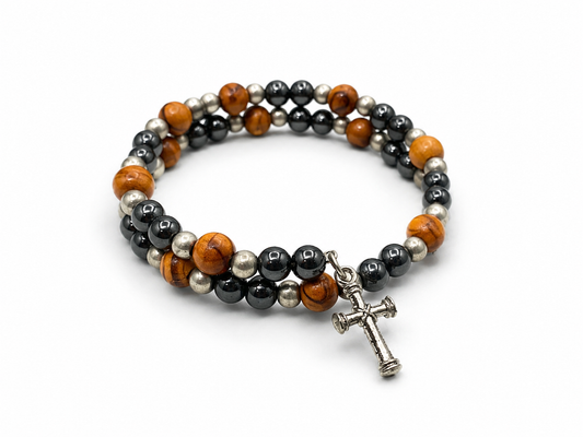 Handmade Olive Wood & Hematite Cross Wrap Bracelet Adjustable Christian Beaded Jewelry
