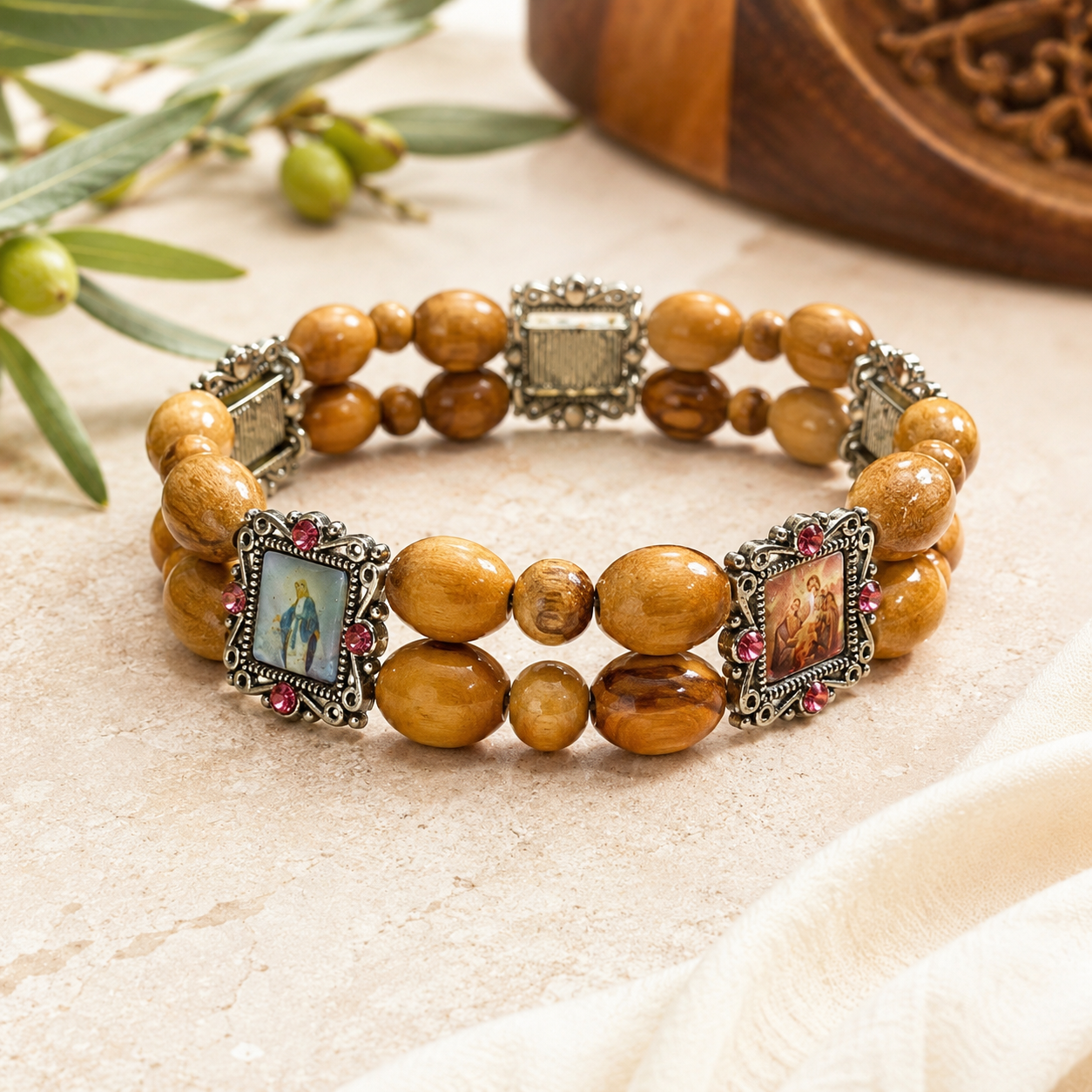 Handmade Olive Wood Christian Stretch Bracelet Religious Saints Icon Beaded Jewelry