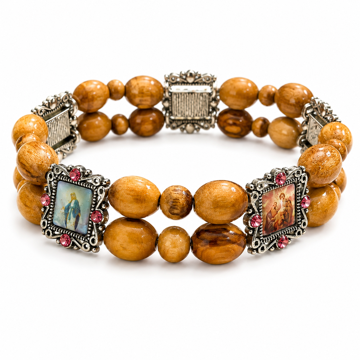 Handmade Olive Wood Christian Stretch Bracelet Religious Saints Icon Beaded Jewelry