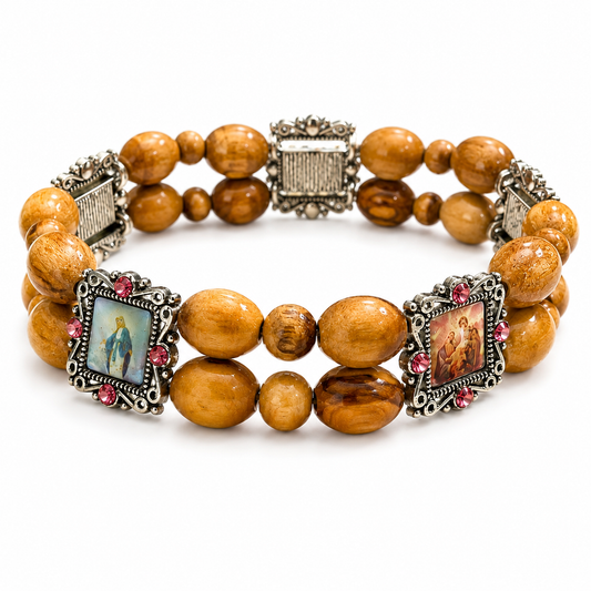 Handmade Olive Wood Christian Stretch Bracelet Religious Saints Icon Beaded Jewelry