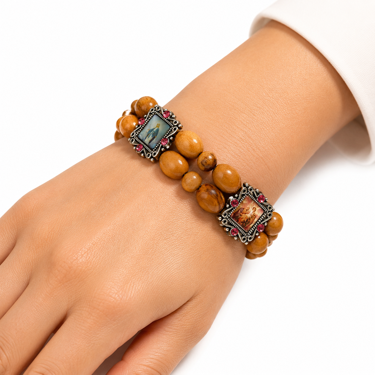 Handmade Olive Wood Christian Stretch Bracelet Religious Saints Icon Beaded Jewelry