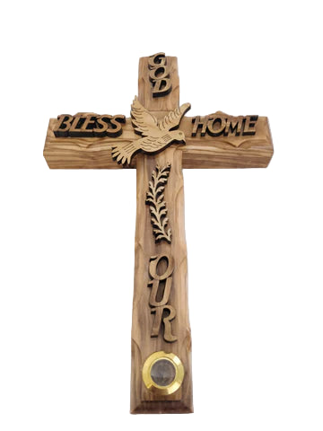 Olive Wood Cross with Dove – “God Bless Our Home” – Hand-Carved in Bethlehem, Holy Land (6.5″)