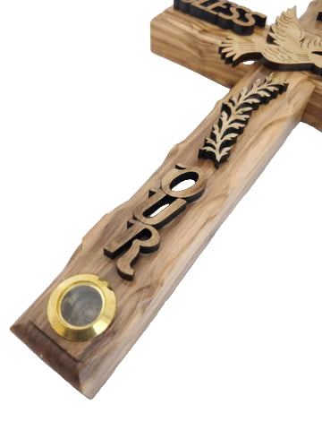 Olive Wood Cross with Dove – “God Bless Our Home” – Hand-Carved in Bethlehem, Holy Land (6.5″)