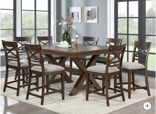 Collins 9-Piece Counter-Height Dining Set – Rustic Brown Acacia Wood with Upholstered Beige Chairs