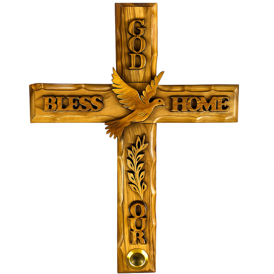 Olive Wood Cross with Dove – “God Bless Our Home” – Hand-Carved in Bethlehem, Holy Land (6.5″)