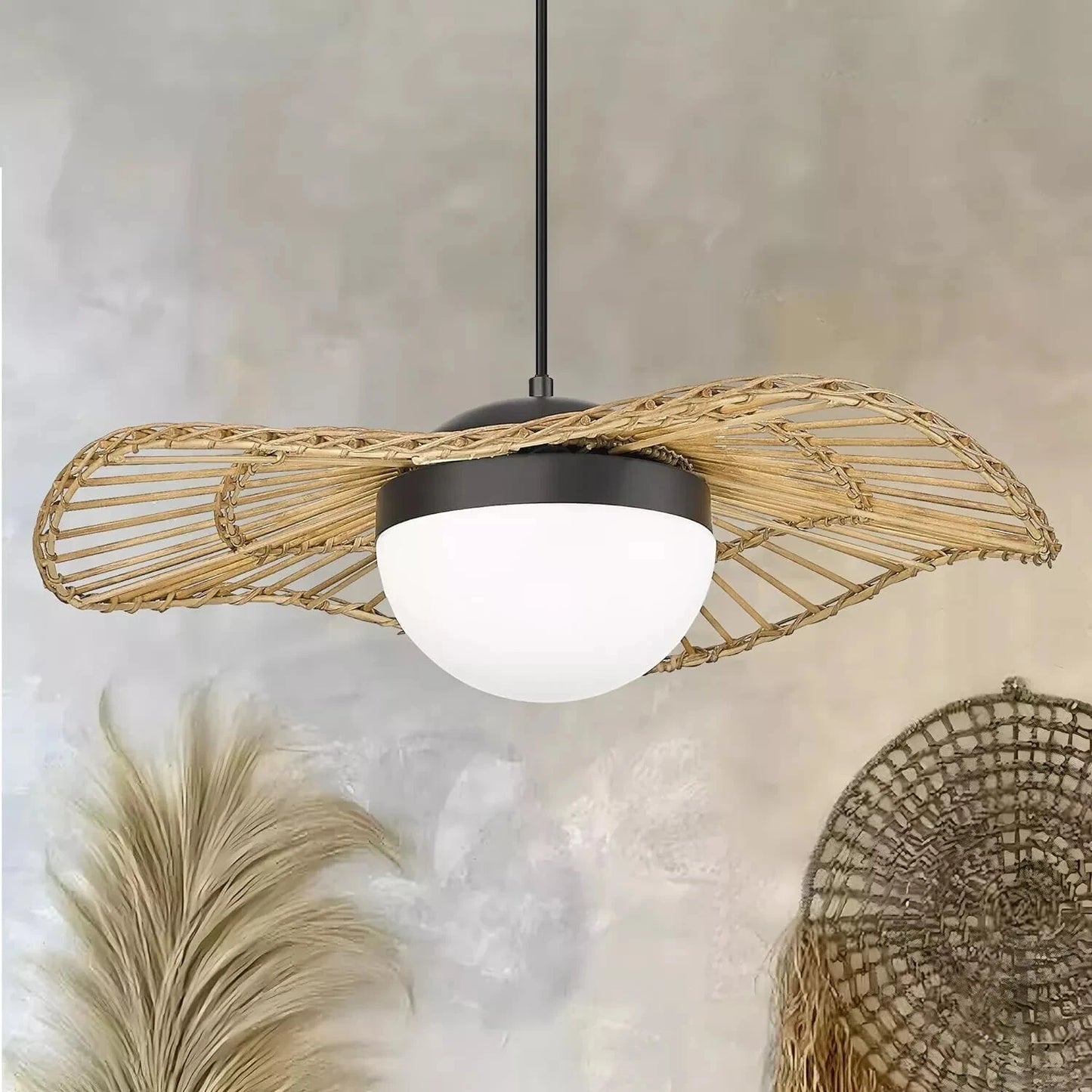 Boho Rattan Pendant Light, 18W LED Dimmable, Handwoven, Adjustable Cord, Indoor
