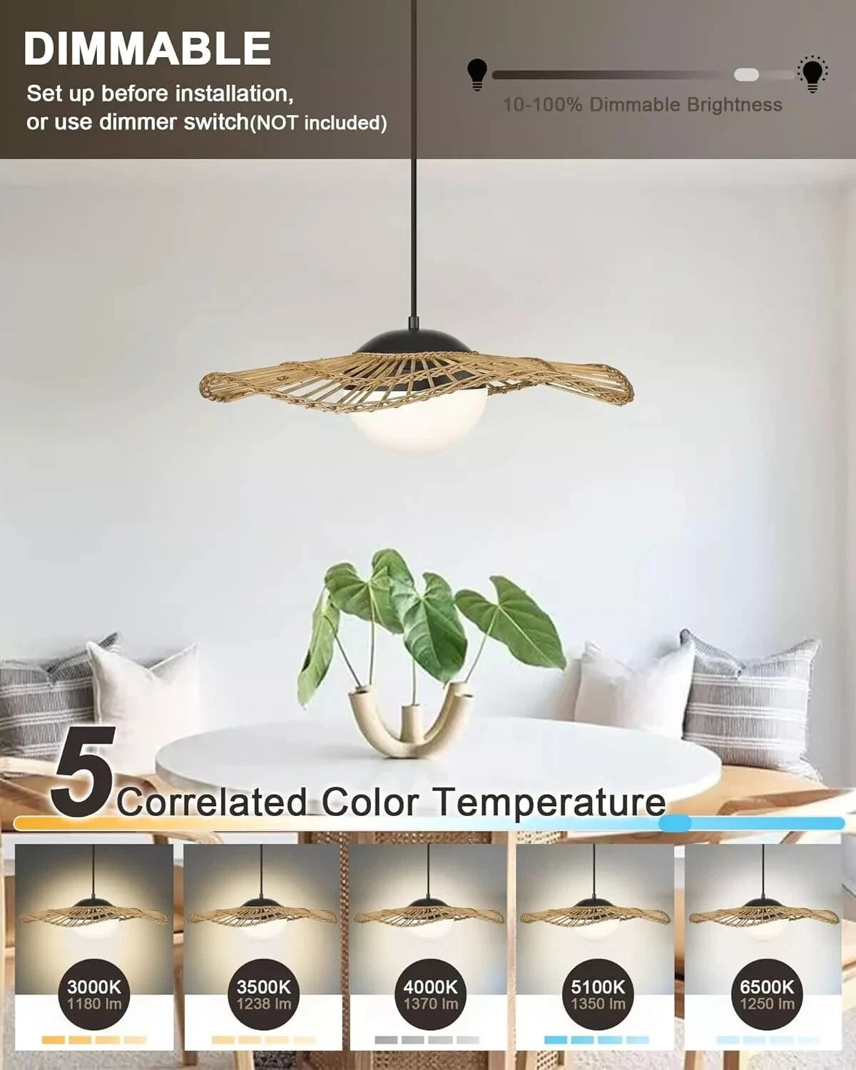 Boho Rattan Pendant Light, 18W LED Dimmable, Handwoven, Adjustable Cord, Indoor