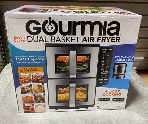 New (Open Box) Gourmia 11 Qt Dual Basket Air Fryer Smart Finish 4-Layer XL Cooker